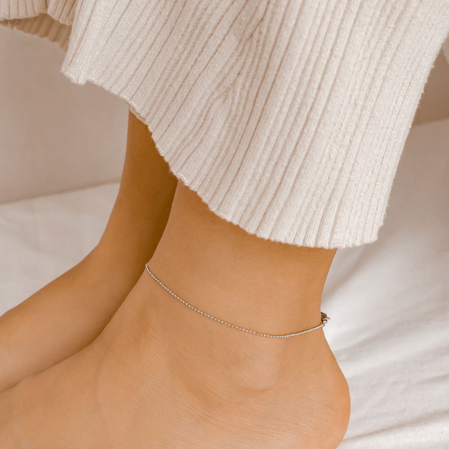 Bracelet de Cheville Chaîne à Pompon en Argent