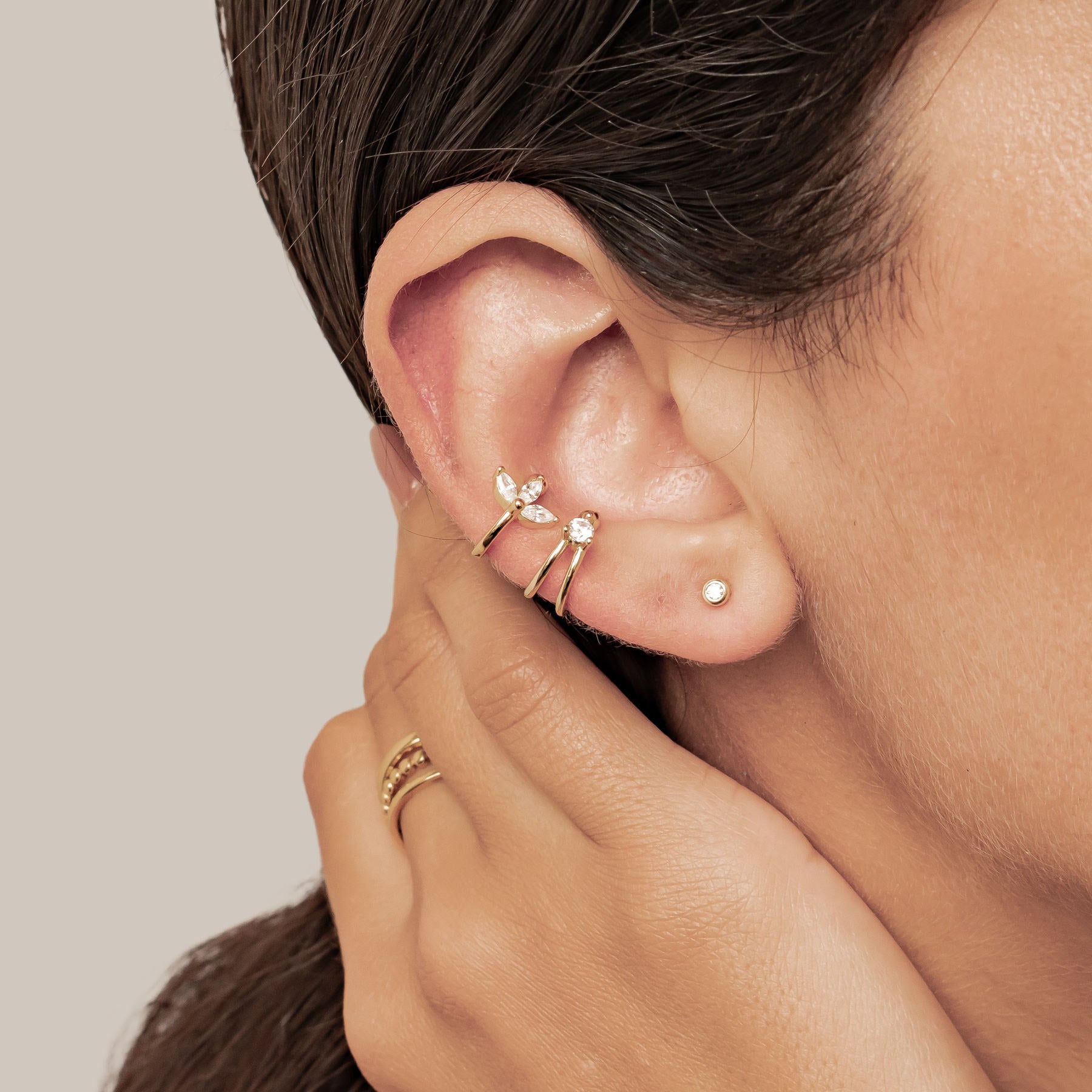 Blossom and Gem Ear Cuff Set Sterling Silver