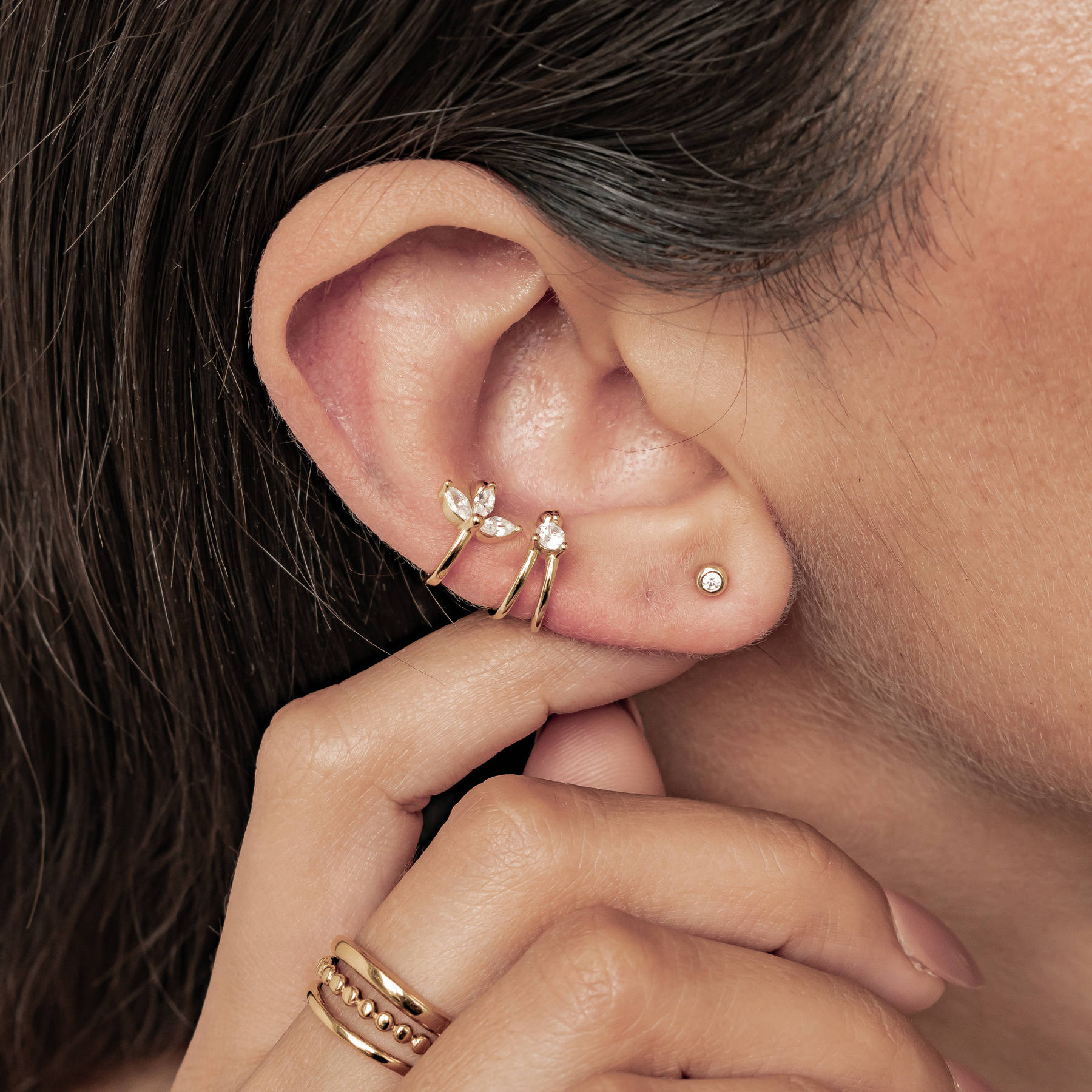 Blossom and Gem Ear Cuff Set Sterling Silver