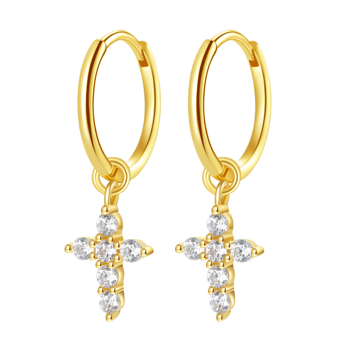 Pendientes Aro Charm Cruz Plata de Ley 925 en Oro