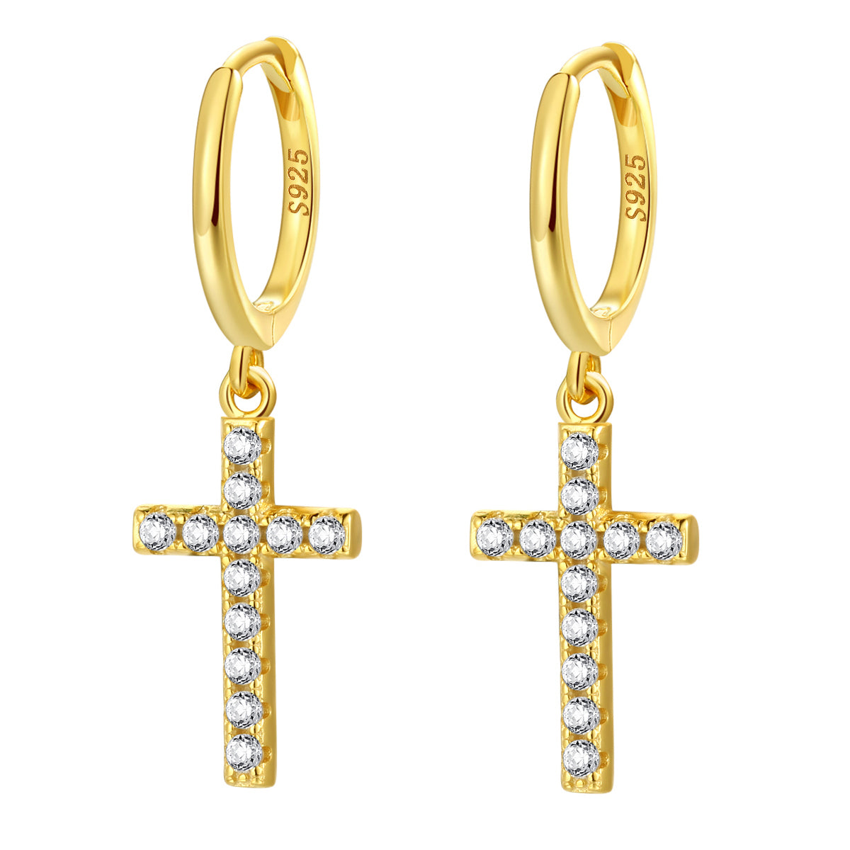 Pendientes Huggie de Cruz Plata de Ley 925 en Oro