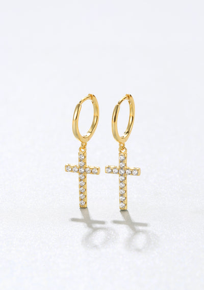 Cross Huggie Earrings Sterling Silver Gold