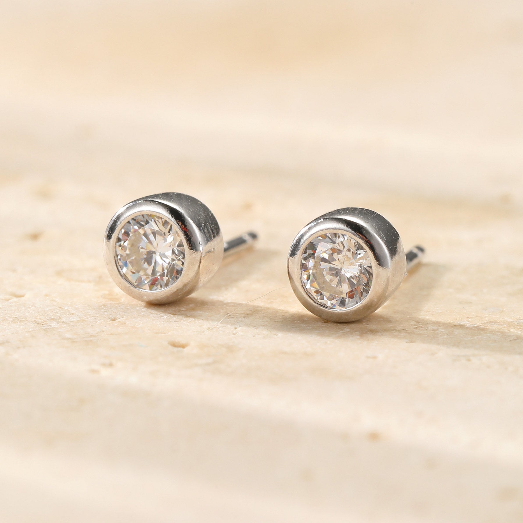 Diamond Bezel Stud Earrings Sterling Silver