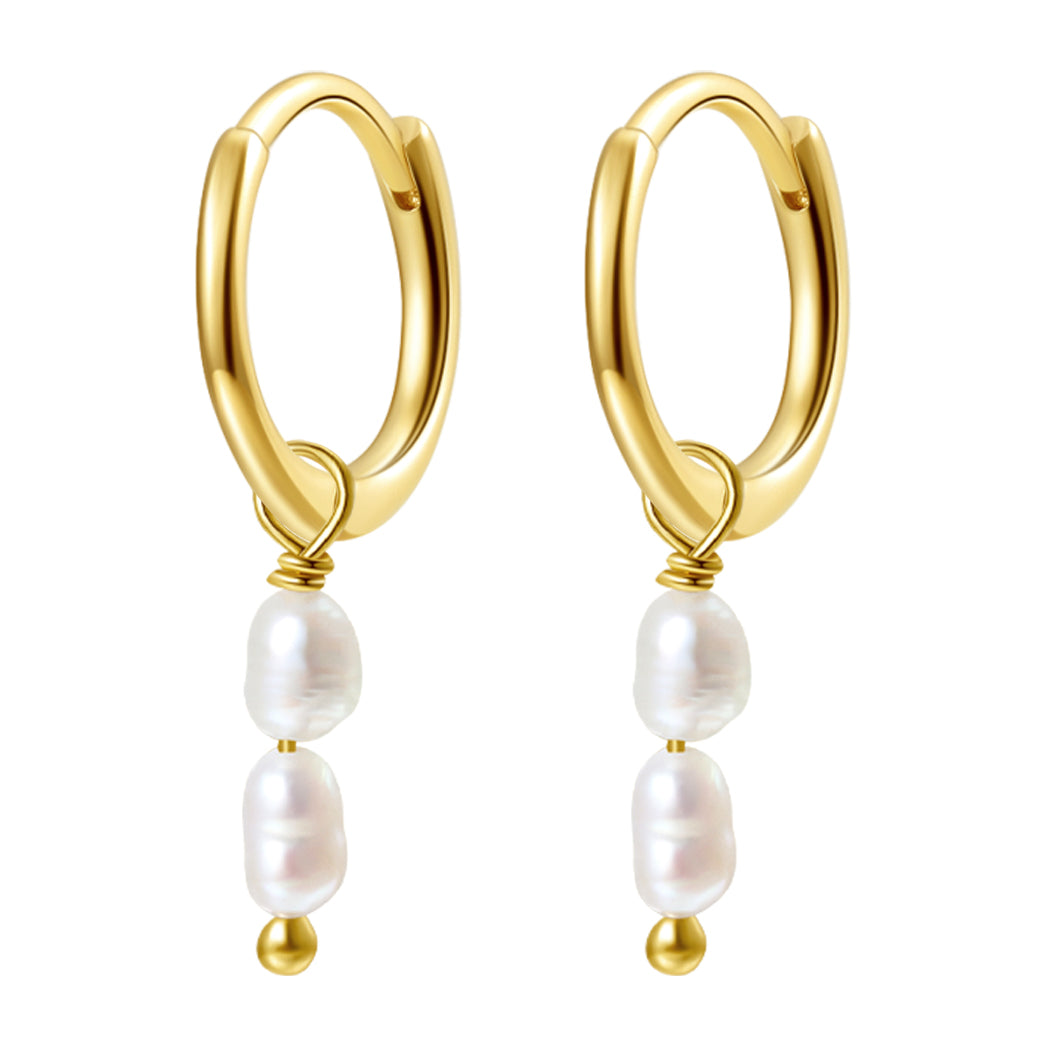 Double Pearl Charm Hoop Earrings Sterling Silver Gold