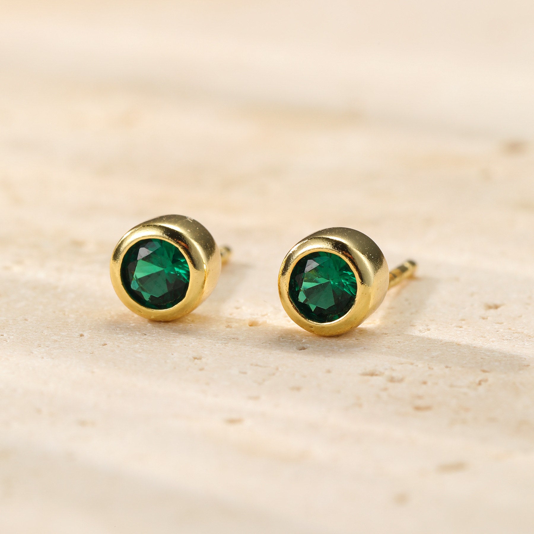 Emerald Bezel Stud Earrings Sterling Silver