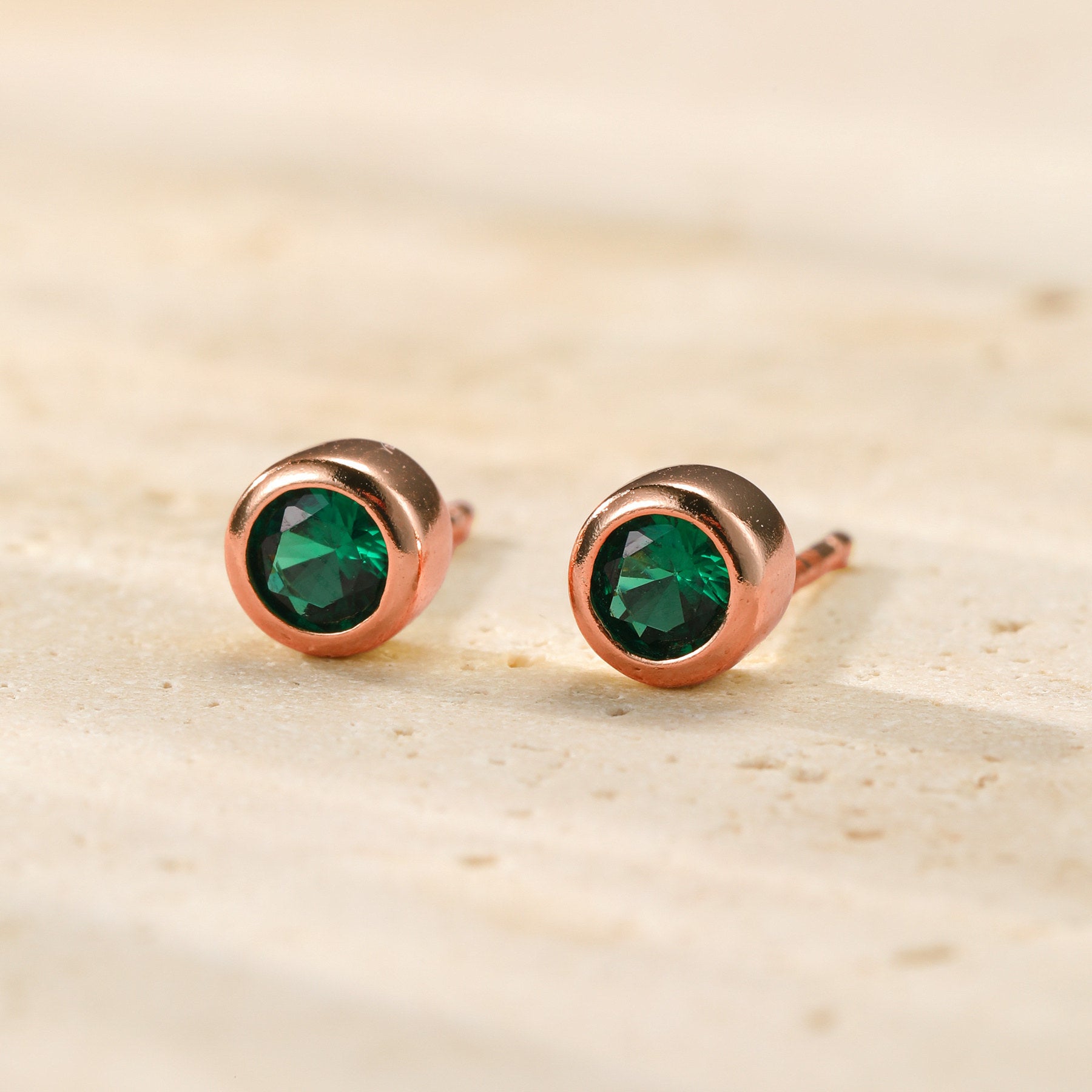 Emerald Bezel Stud Earrings Sterling Silver