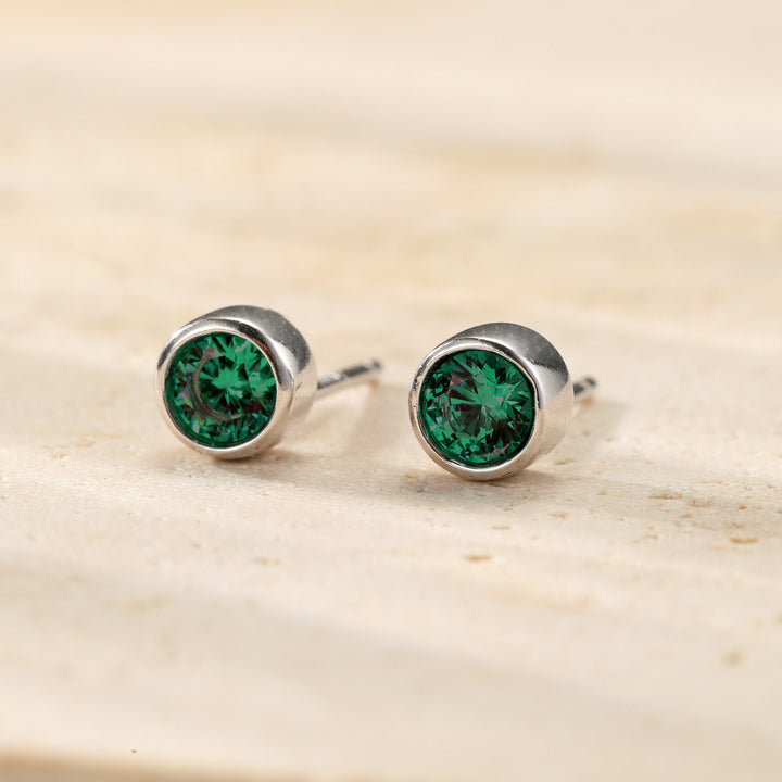 Emerald Bezel Stud Earrings Sterling Silver