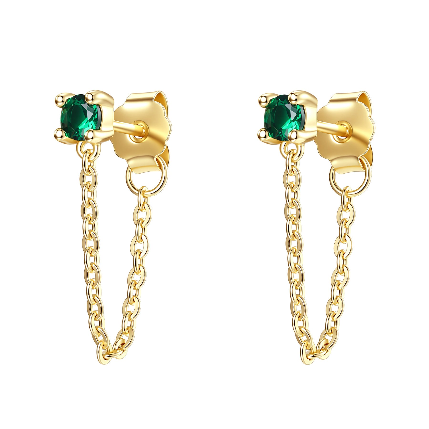 Emerald Chain Stud Earrings Sterling Silver