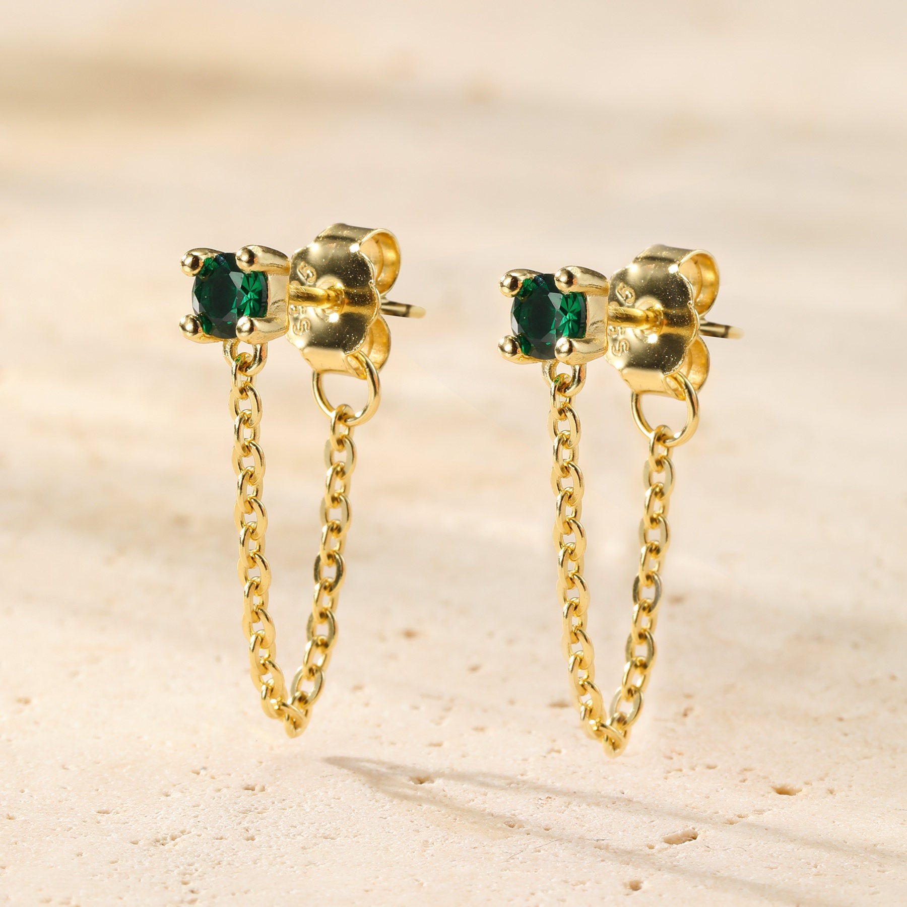 Emerald Chain Stud Earrings Sterling Silver