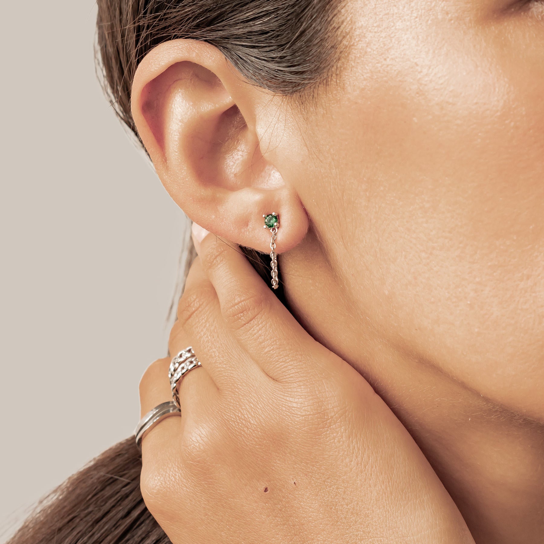 Emerald Chain Stud Earrings Sterling Silver