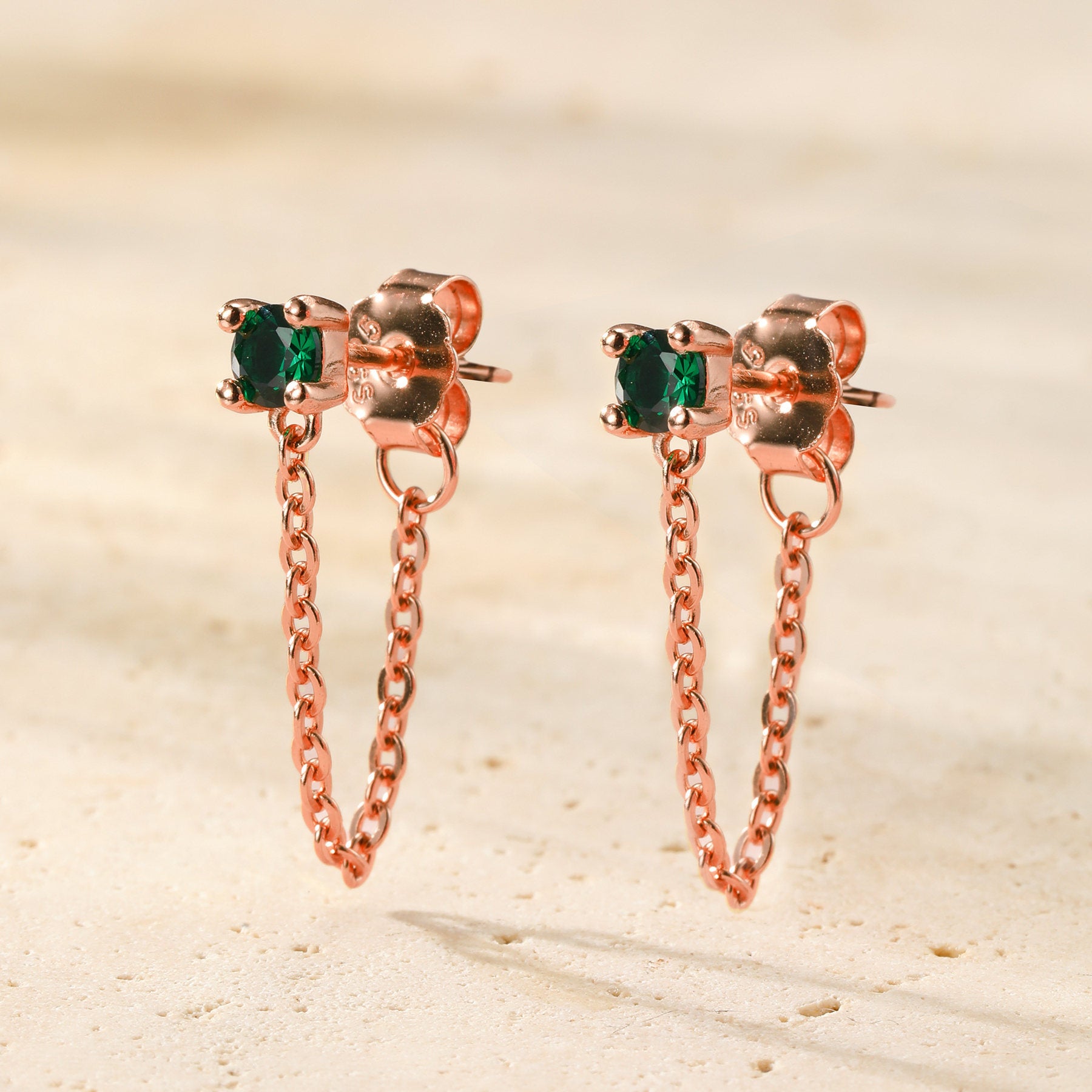 Emerald Chain Stud Earrings Sterling Silver