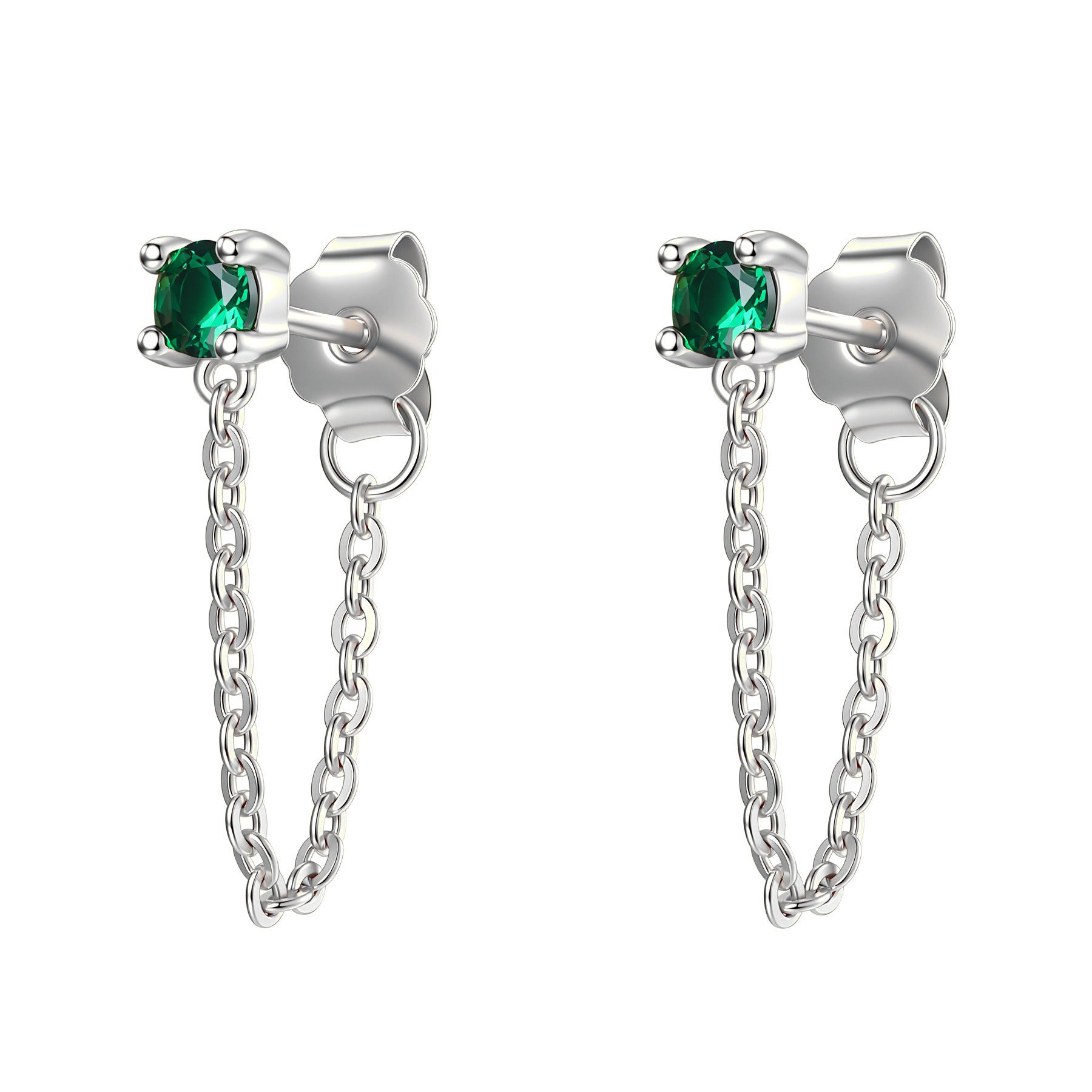 Emerald Chain Stud Earrings Sterling Silver
