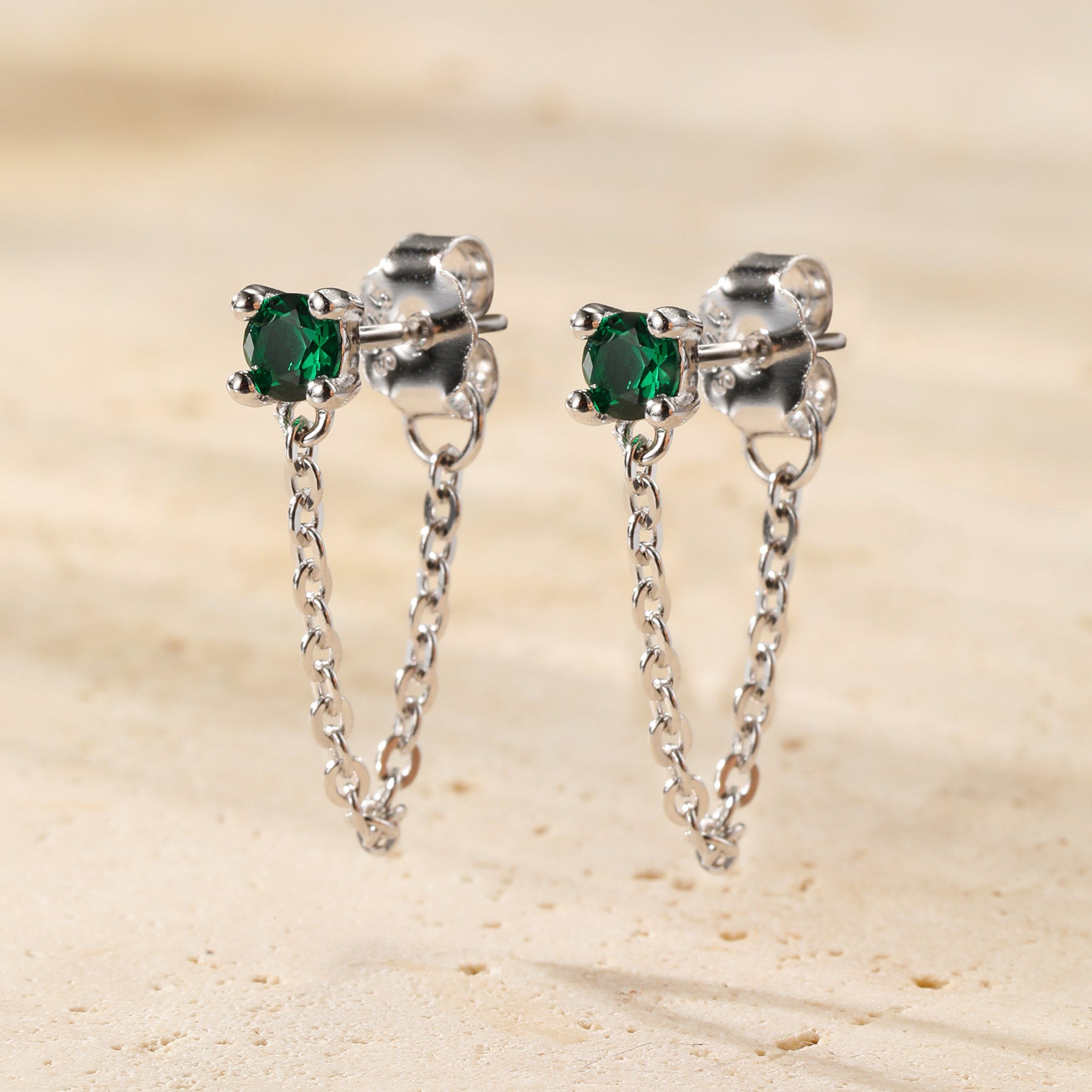 Emerald Chain Stud Earrings Sterling Silver