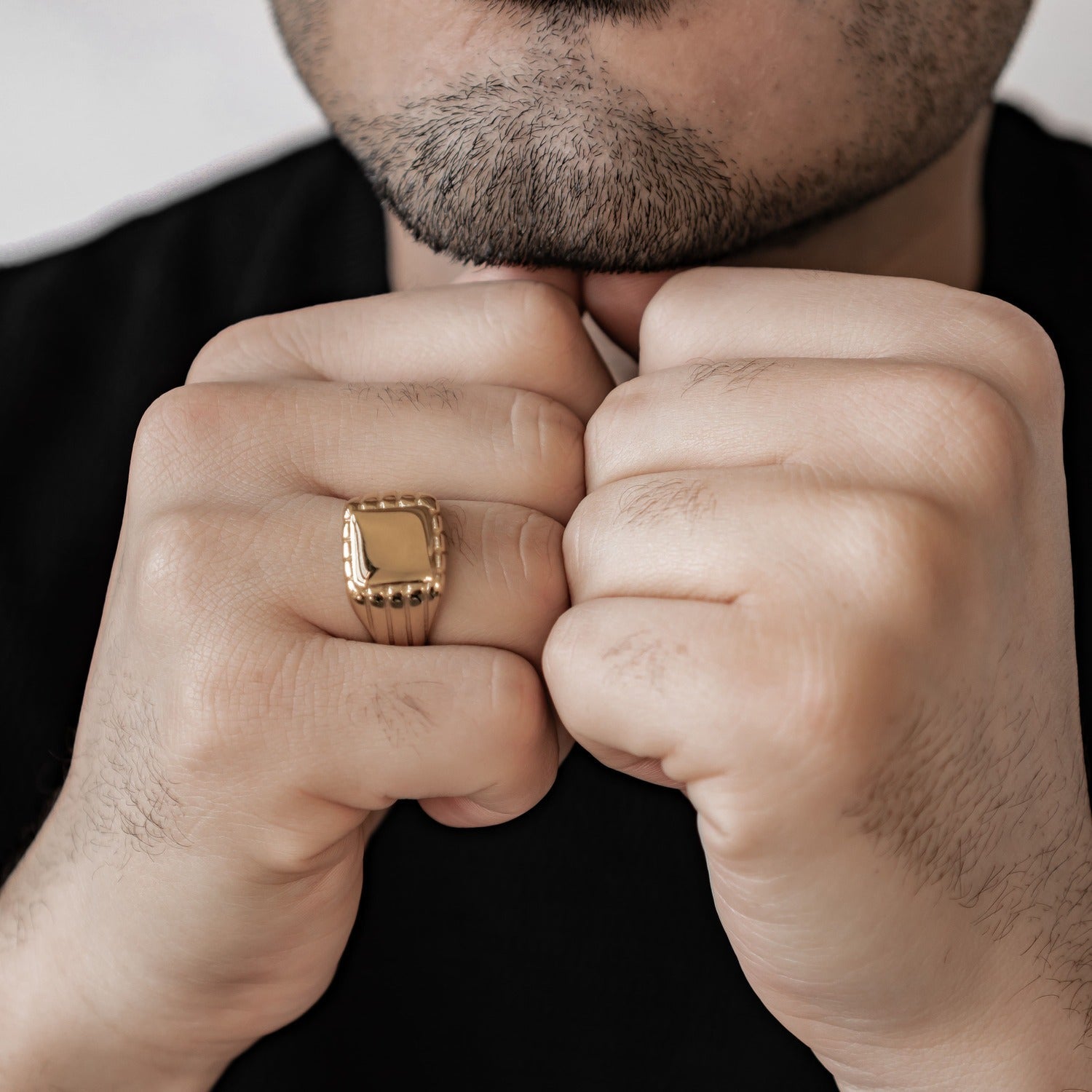 Engraved square signet ring for men in gold stainless steel