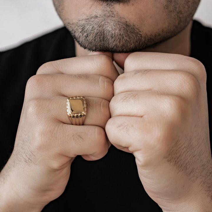 Engraved square signet ring for men in gold stainless steel