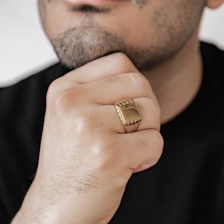 Engraved square signet ring for men in gold stainless steel