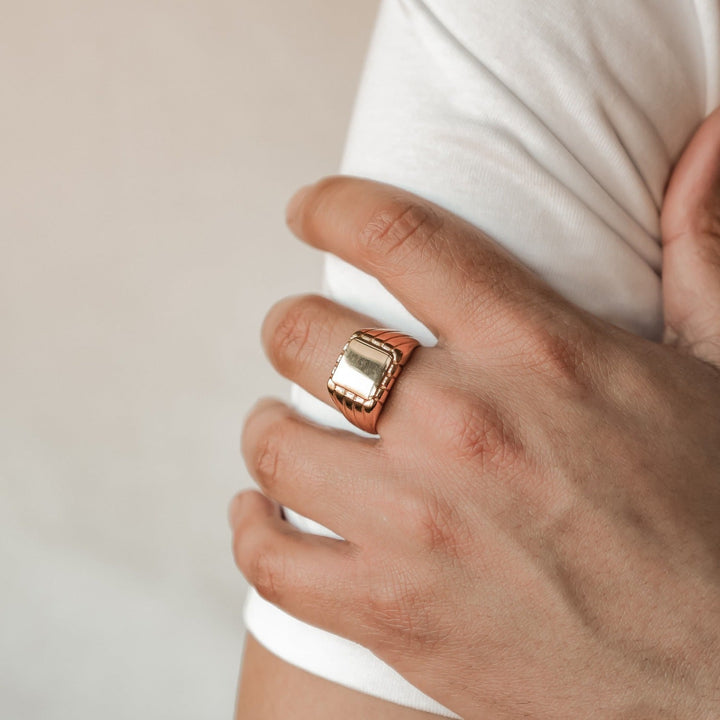 Engraved square signet ring for men in gold stainless steel