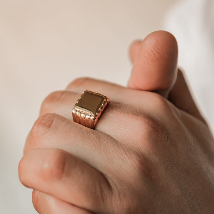 Engraved square signet ring for men in gold stainless steel