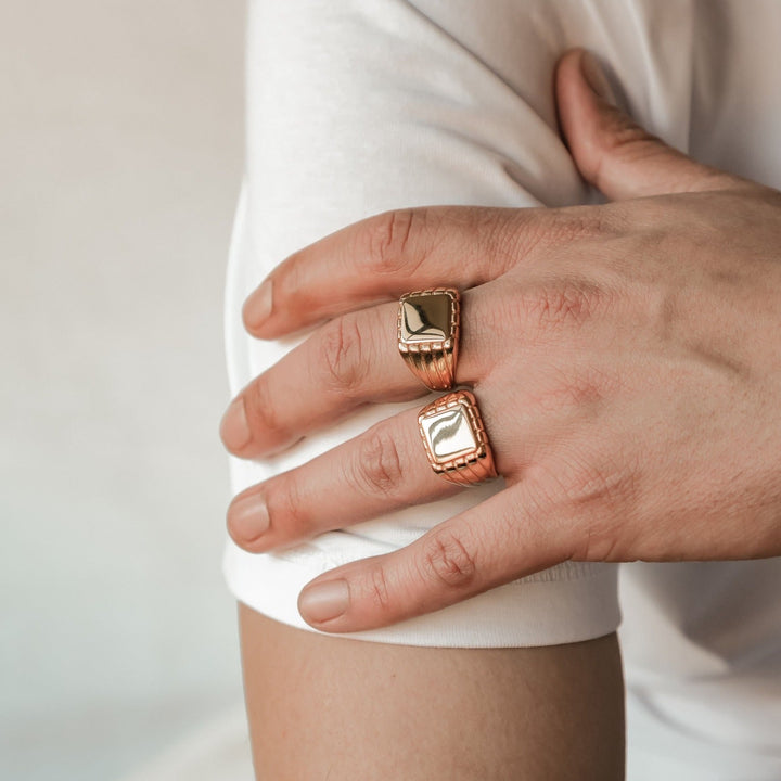Engraved square signet ring for men in gold stainless steel