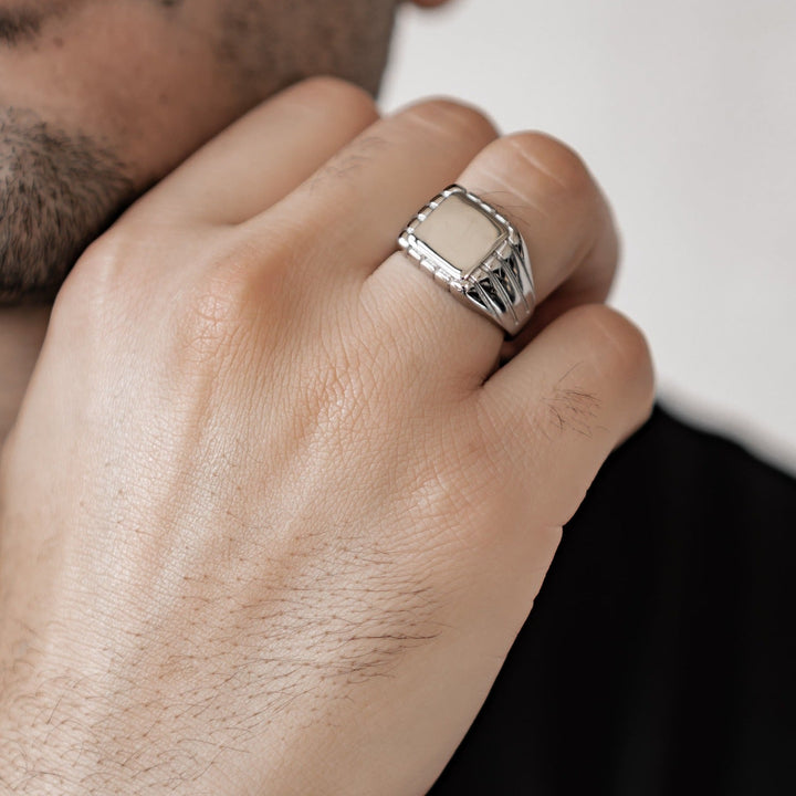 Engraved square signet ring for men in silver stainless steel