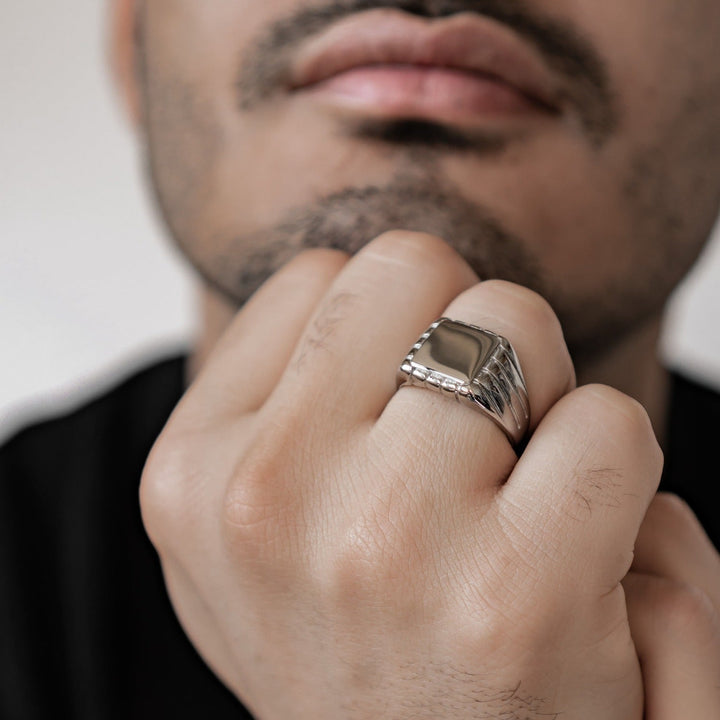Engraved square signet ring for men in silver stainless steel