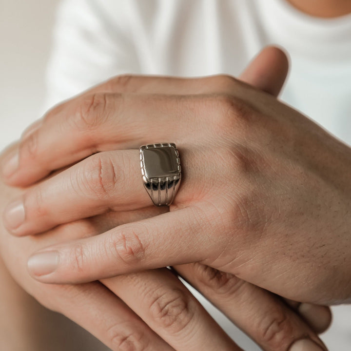 Engraved square signet ring for men in silver stainless steel