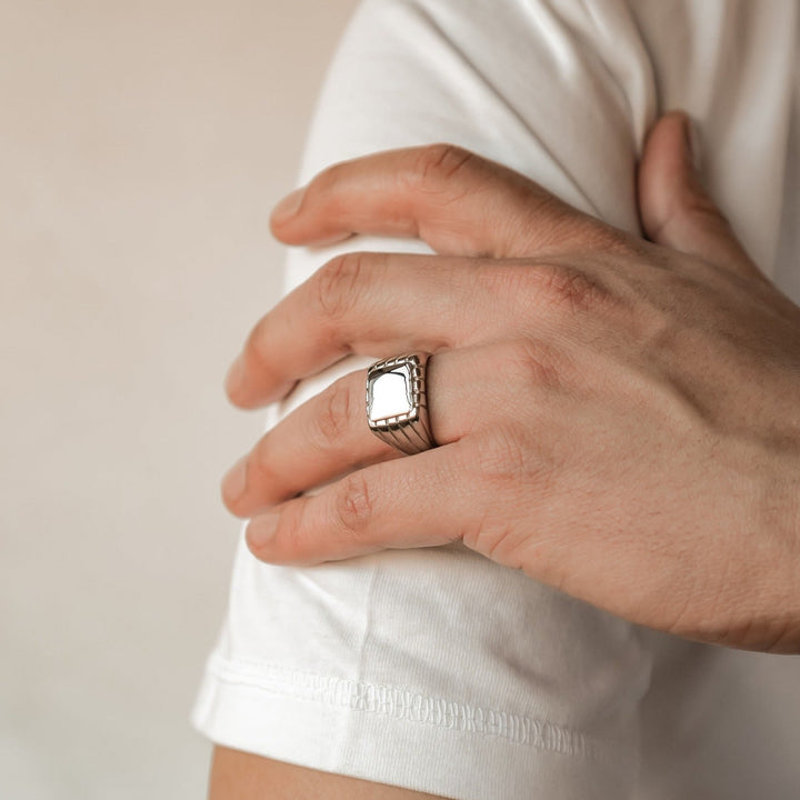 Engraved square signet ring for men in silver stainless steel
