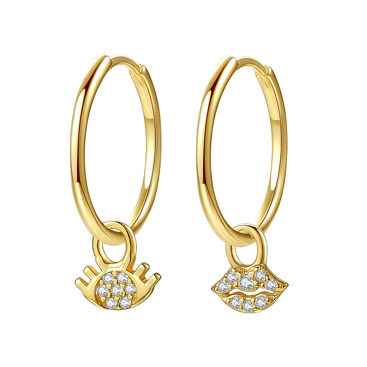 Augen und Lippen Charm Creolen aus Sterlingsilber in Gold