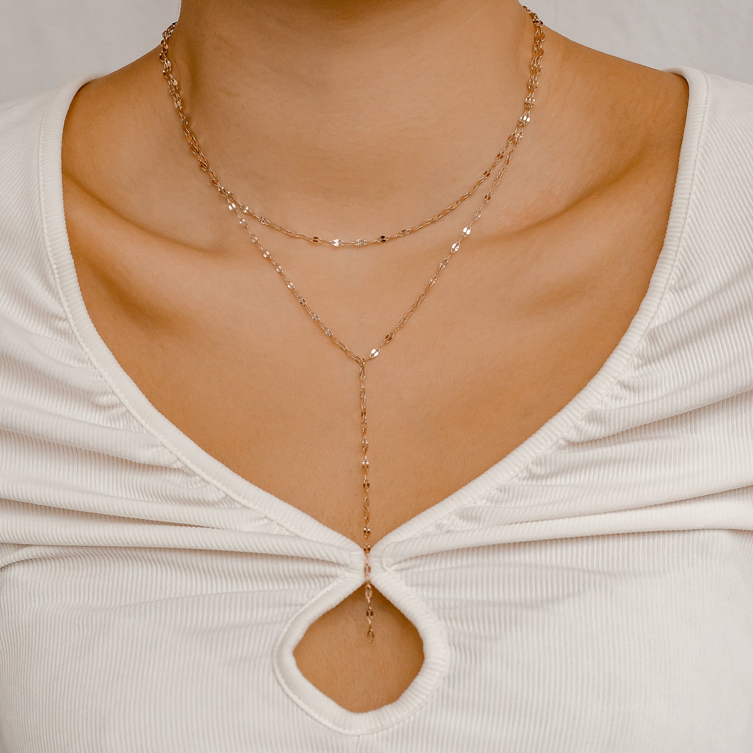 Flattened Chain Link Y Necklace Rose Gold