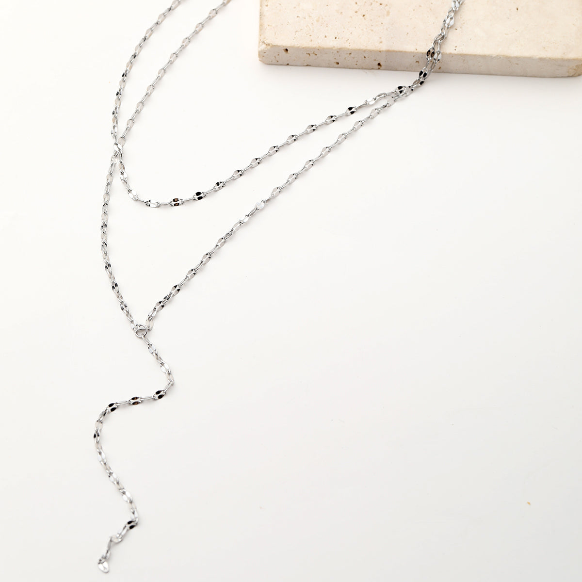 Flattened Chain Link Y Necklace Silver