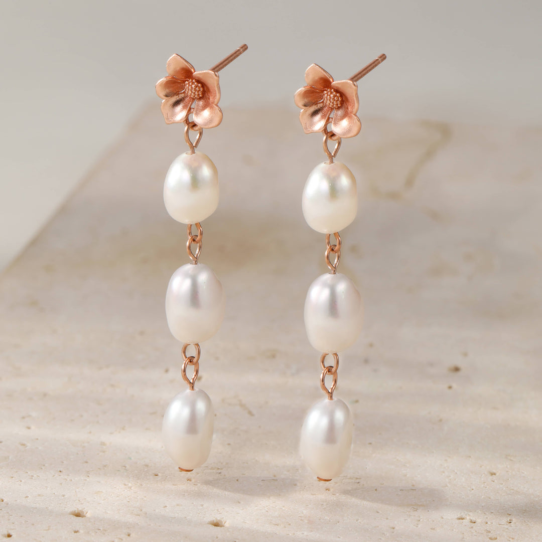 Handmade Pearl & Flower Sterling Silver Earrings - Floral Drop Dangle From Thailand