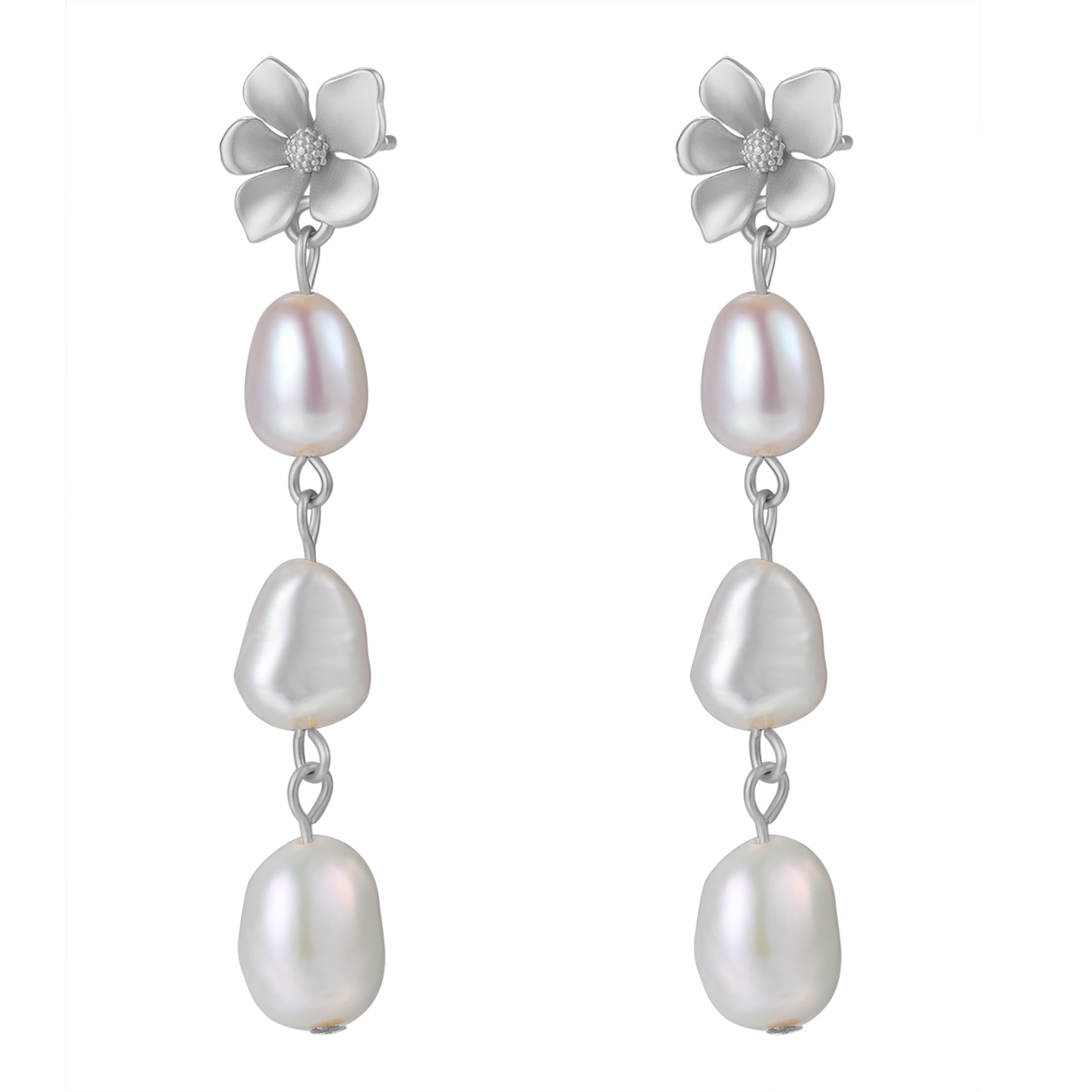 CWWZircons Silver Plated CZ Flower Drop Earrings – Pink Pearl, Long Dangle