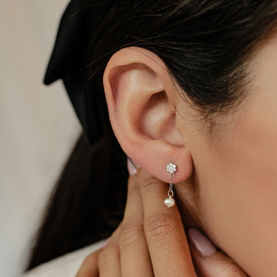 Flower and Pearl Drop Stud Earrings Sterling Silver