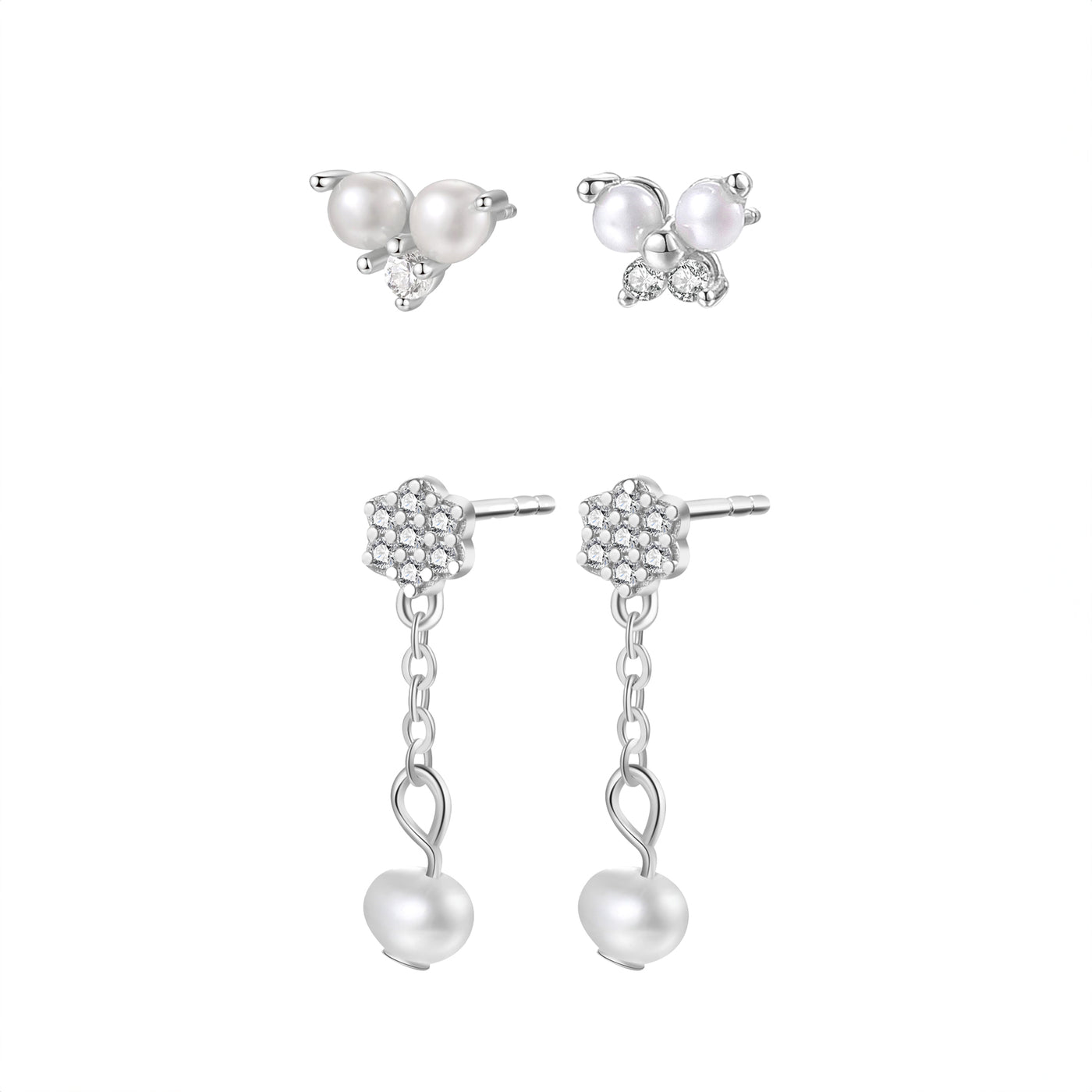 Flower & Pearl Earrings Set Sterling Silver