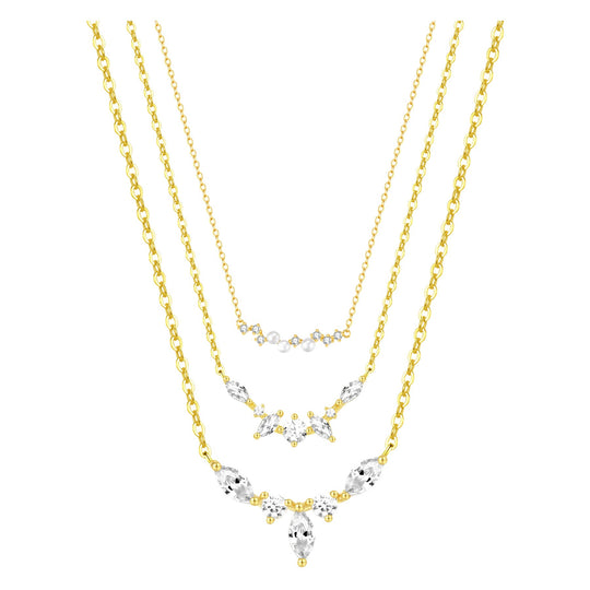 Gemstone Crown and Pearl Layering Necklaces Set Sterling Silver