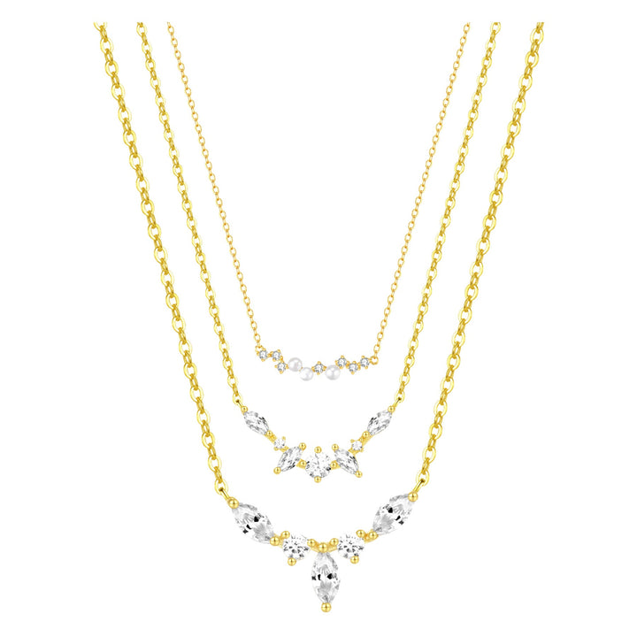 Gemstone Crown and Pearl Layering Necklaces Set Sterling Silver
