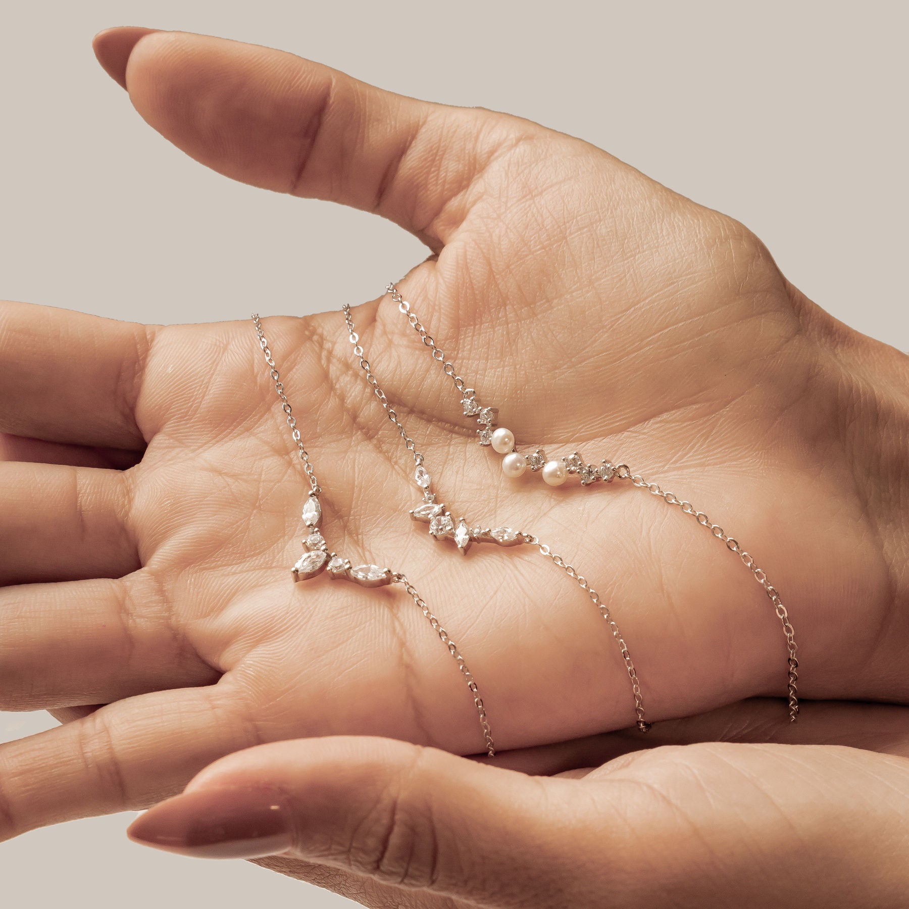 Gemstone Crown and Pearl Layering Necklaces Set Sterling Silver