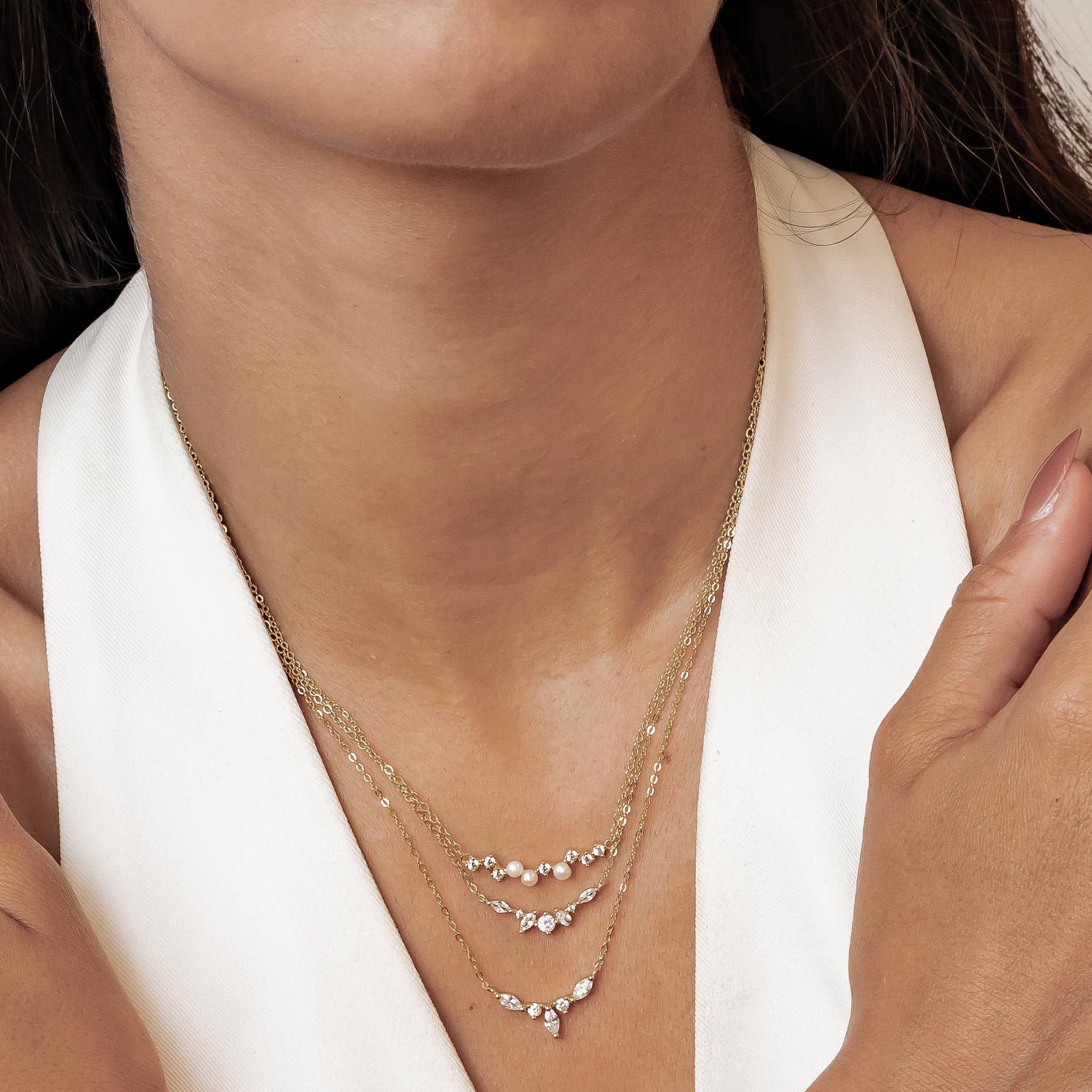 Gemstone Crown and Pearl Layering Necklaces Set Sterling Silver