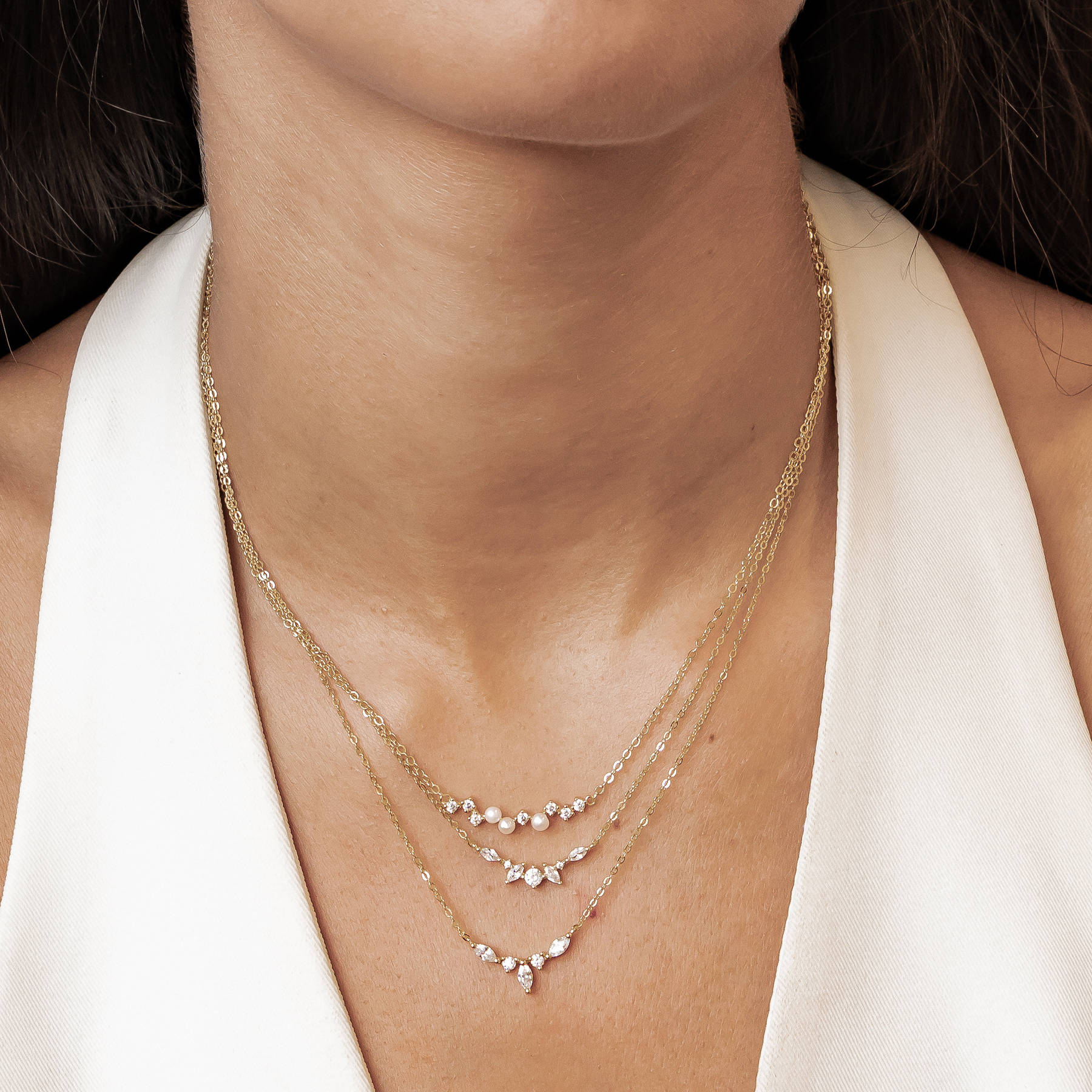 Gemstone Crown and Pearl Layering Necklaces Set Sterling Silver