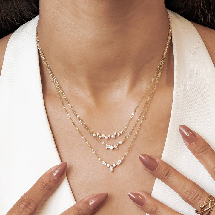 Gemstone Crown and Pearl Layering Necklaces Set Sterling Silver