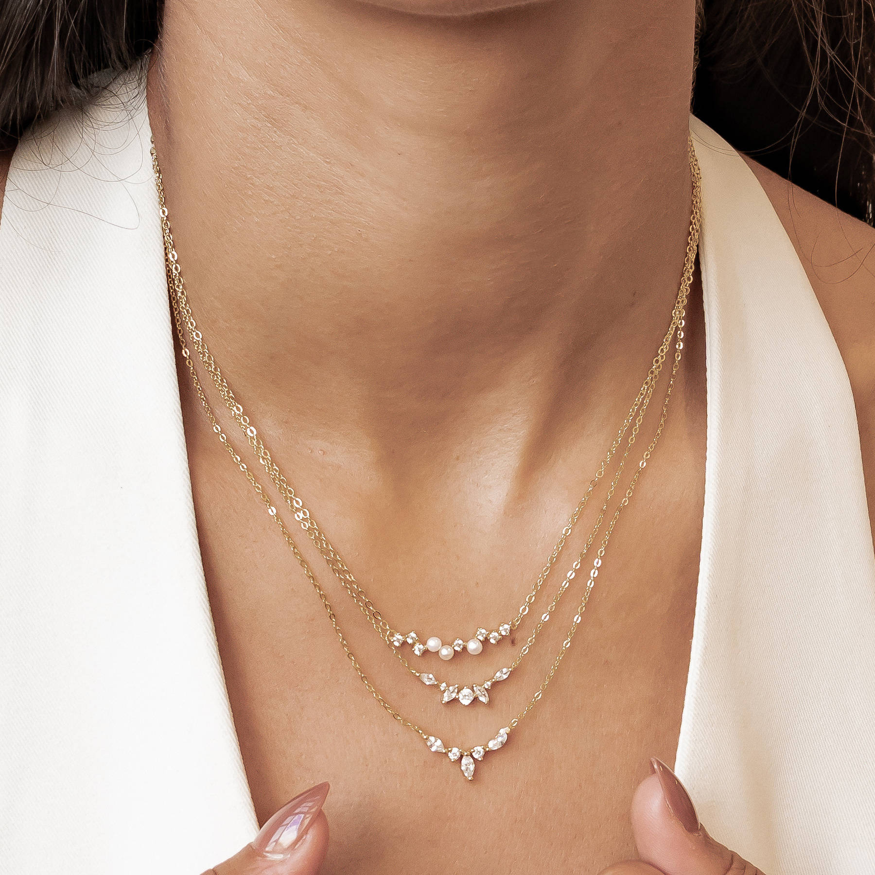Gemstone Crown and Pearl Layering Necklaces Set Sterling Silver