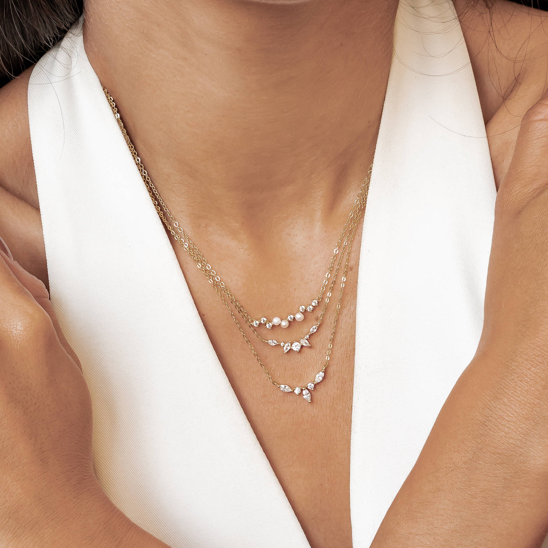 Gemstone Crown and Pearl Layering Necklaces Set Sterling Silver
