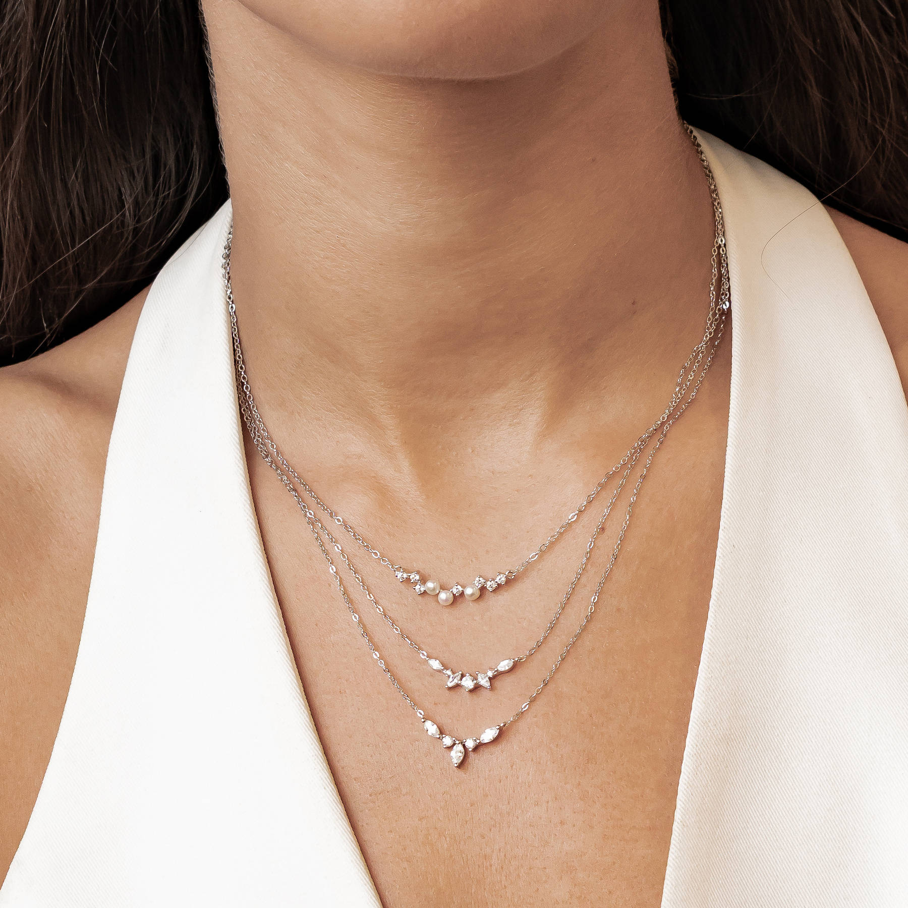 Gemstone Crown and Pearl Layering Necklaces Set Sterling Silver