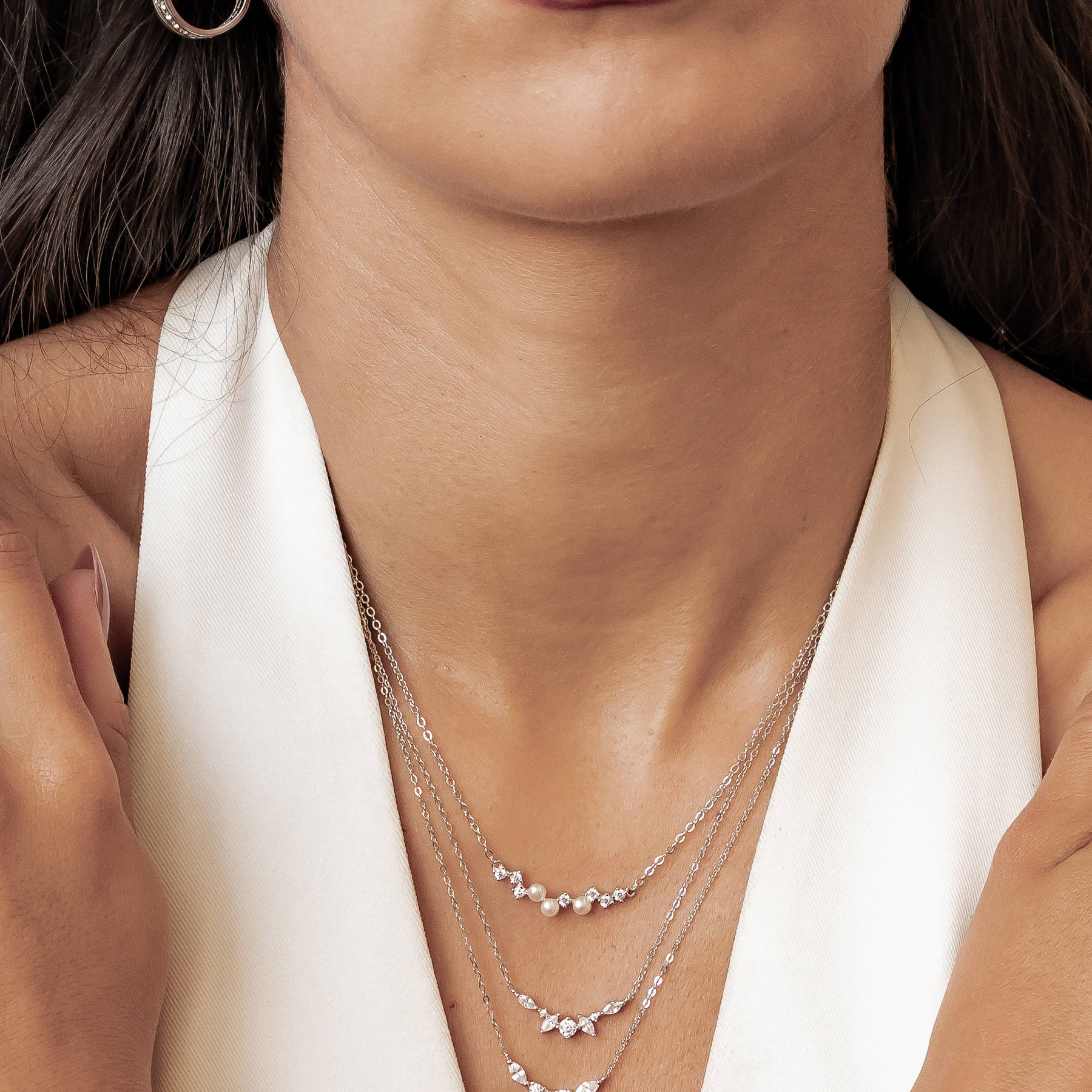 Gemstone Crown and Pearl Layering Necklaces Set Sterling Silver