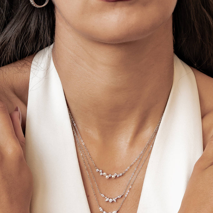 Gemstone Crown and Pearl Layering Necklaces Set Sterling Silver