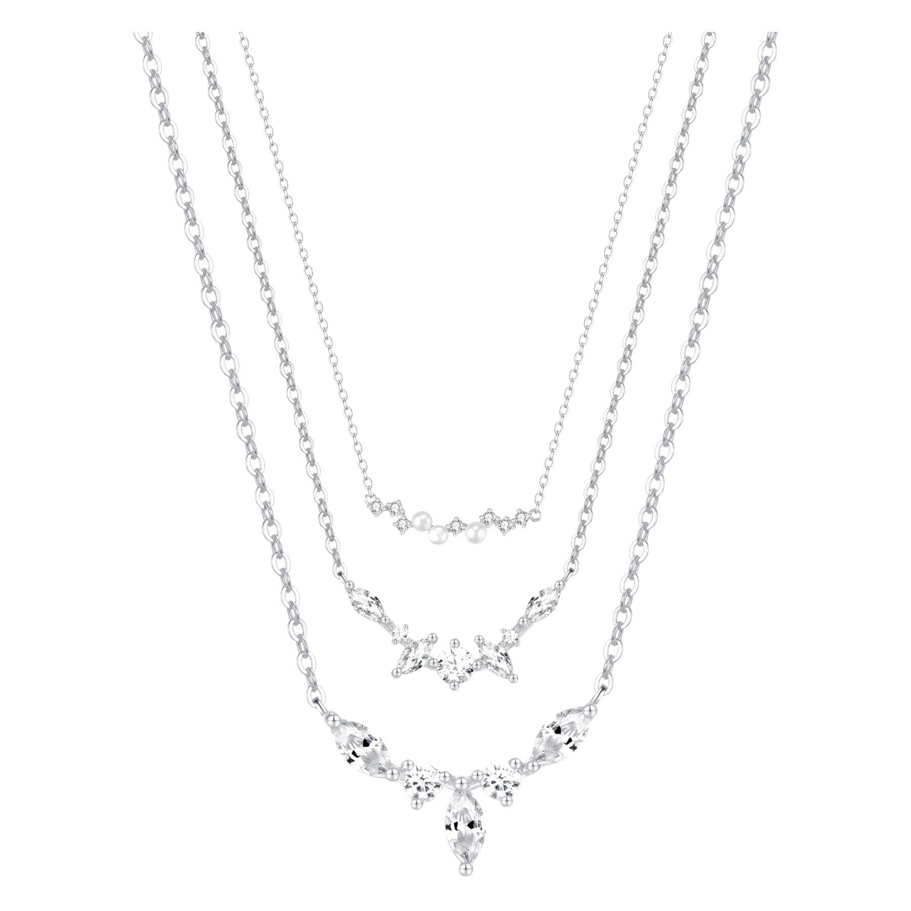Gemstone Crown and Pearl Layering Necklaces Set Sterling Silver