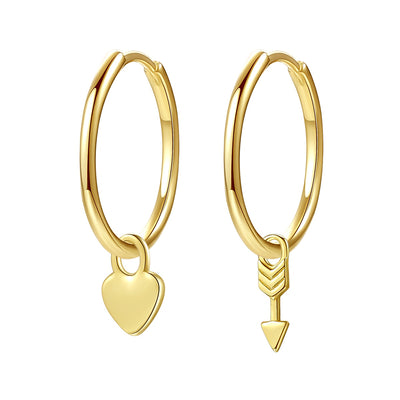 Heart and Arrow Charm Hoop Earrings Sterling Silver Gold