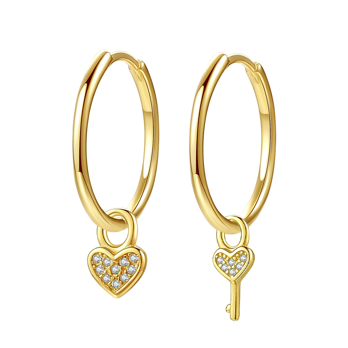 Heart and Key Charm Hoop Earrings Sterling Silver Gold