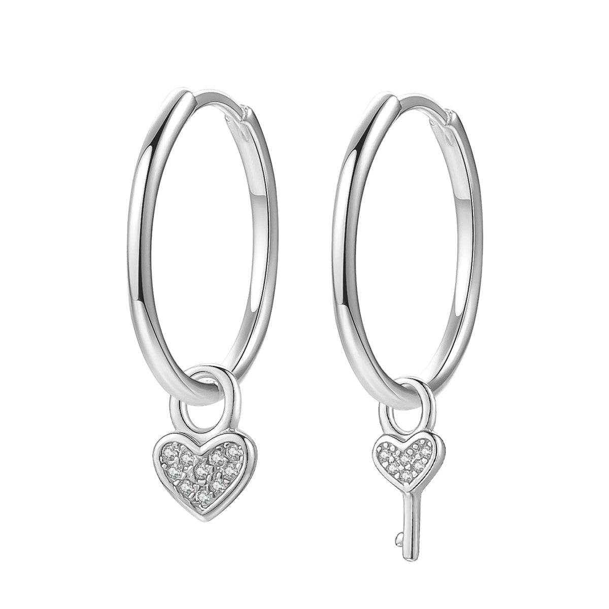 Heart and Key Charm Hoop Earrings Sterling Silver
