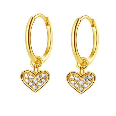 Heart Charm Hoop Earrings Sterling Silver Gold